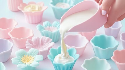 Fototapeta premium Whimsical floral silicone molds with yogurt pour - creative baking idea and dessert presentation