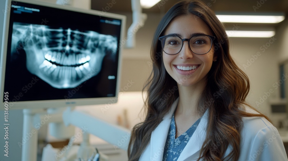 Poster A dentist stands smiling next to a digital X-ray display, showcasing advanced dental technology. The setting emphasizes modern techniques for enhancing patient experiences and treatment outcomes.