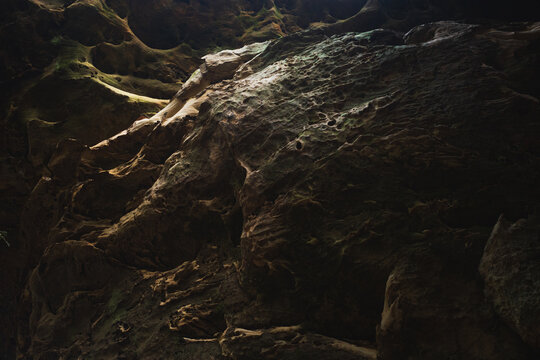 sandstone rock formations in a cave catching sunlight, Big South Fork National River and Recreation Area, Tennessee