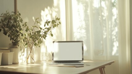Fototapeta premium Office workspace table with laptop computer, glass of pure water, glasses, decorations. Soft sunlight glare and shadows. Aesthetic home office workspace. Blank white screen mock up with copy space