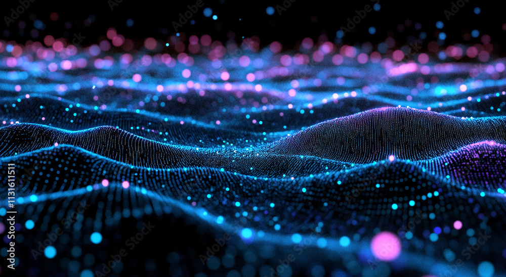 Poster colorful abstract wave pattern with glowing dots creating a digital landscape effect at night