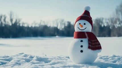 Obraz premium Snowman stands cheerfully in a winter landscape under clear skies