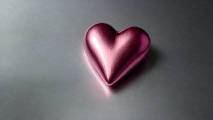 Obraz premium Shiny pink metallic heart on a brushed silver surface, photorealistic concept