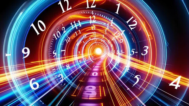 Colorful Time Tunnel with Clock Numbers, Light Trails, and Dynamic Perspective in a Futuristic Setting

