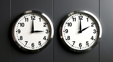 Two dual identical metal clocks on dark grey surface background illustrating time change from daylight saving time DST to standard time in autumn and October in Spain and European Union EU.	