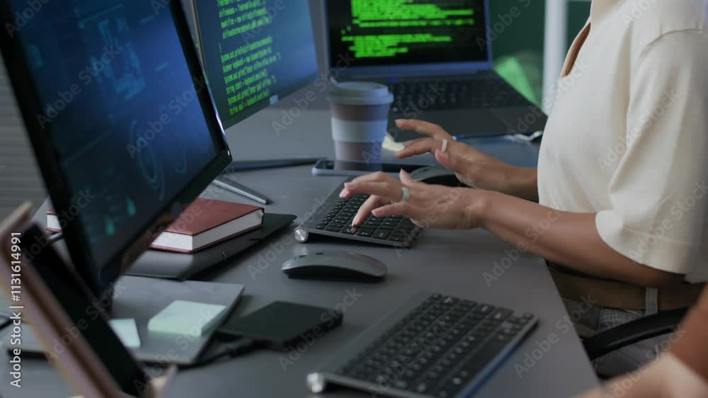 Wall mural tilt up shot of male programmers hands typing on laptop and his female colleague working on program 