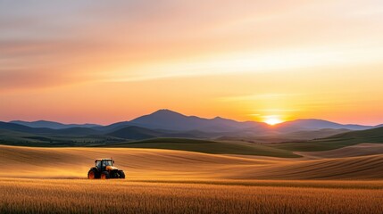 Obraz premium Beautiful Sunset Over Golden Fields With Tractor Working In Agriculture Landscape