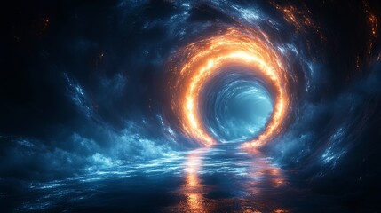 Obraz premium A blue and orange tunnel with a blue sky in the background