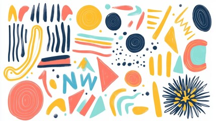 Obraz premium Set of colorful brush-drawn bold geometric shapes, arrows, asterisks and circles. Squiggle thick lines, curly brush strokes for banner, print or collage