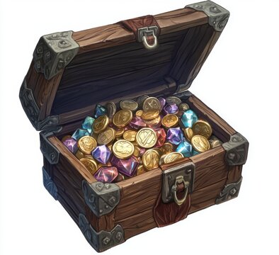 recommend clip art: A chest full of gold coins and sparkling gems, now open.