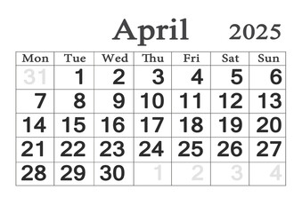 Planner calendar for April 2025. Monthly Organizer. 2025 Monthly Planner