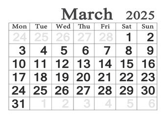 Planner calendar for March 2025. Monthly Organizer. 2025 Monthly Planner