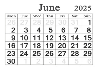 Planner calendar for June 2025. Monthly Organizer. 2025 Monthly Planner