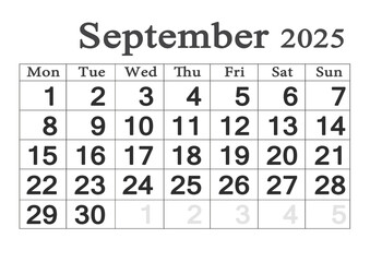 Planner calendar for September 2025. Monthly Organizer. 2025 Monthly Planner