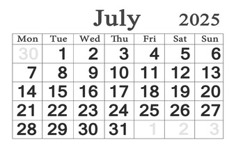 Planner calendar for July 2025. Monthly Organizer. 2025 Monthly Planner