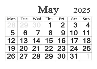 Planner calendar for May 2025. Monthly Organizer. 2025 Monthly Planner