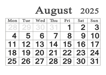 Planner calendar for August 2025. Monthly Organizer. 2025 Monthly Planner