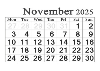 Planner calendar for November 2025. Monthly Organizer. 2025 Monthly Planner