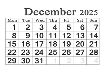 Planner calendar for December 2025. Monthly Organizer. 2025 Monthly Planner