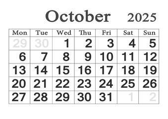 Planner calendar for October 2025. Monthly Organizer. 2025 Monthly Planner