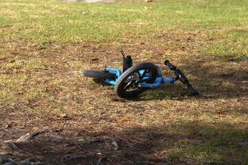 children's bike laying on grass