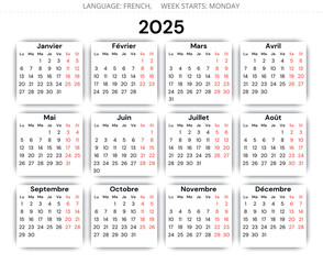 2025 FRENCH calendar. Vector illustration for France. 12 months shadows in year calendrier