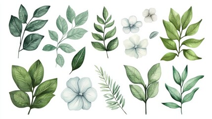 Set of luxury green leaves and flowers elements in watercolor and ink style. Aquarelle and line branches and blooming. Vector isolated on white background 