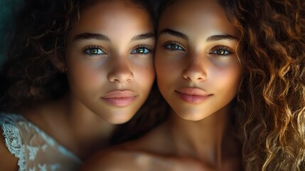 Obraz premium Close-up of two young women with curly hair in natural lighting.