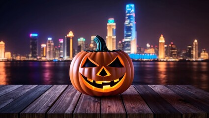 Fototapeta premium Halloween pumpkin lantern glowing on wooden table