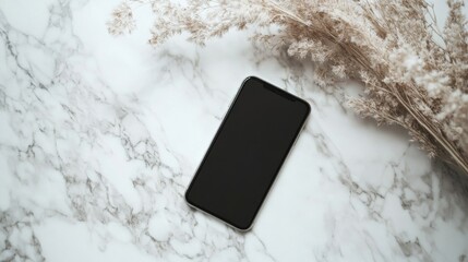 Aesthetic chic online store, online shopping, blog, social media branding composition. Mobile phone with blank copy space screen on marble side table. ...