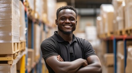 Obraz premium Black man, arms crossed and happy in warehouse on portrait for manufacturing as manager in Uganda. Male person, employee and smile with confidence at wholesale for package, supply chain and