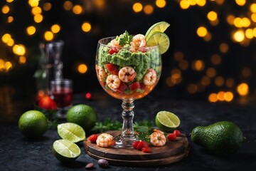 christmas dish, shrimp cocktail salad with guacamole, appetizer in tall glass on dark shiny background with new year decorations close up.	
