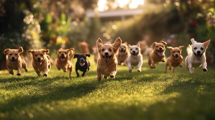 Running dogs and cats smiling at the camera for a cute pet photography shot on a sunny day with a green lawn background.