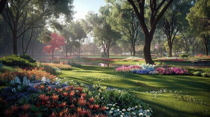 Serene Morning Garden Lush Flowers Trees Sunlight