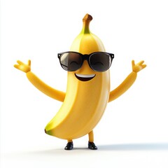 A cheerful cartoon banana wearing sunglasses and striking a fun pose.