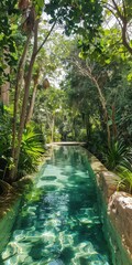 Eco-resort nestled in the lush jungle of Tulum featuring a natural swimming pool, vibrant greenery, organic architecture, and crystal-clear waters for a tropical paradise retreat.