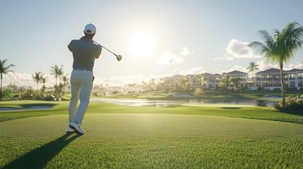 A golfer swings on a lush green course during sunset, showcasing leisure and sport.