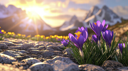 vibrant springtime scene featuring blooming purple crocuses and yellow flowers against backdrop of majestic mountains and glowing sunrise. beauty of nature is captured in this serene landscape