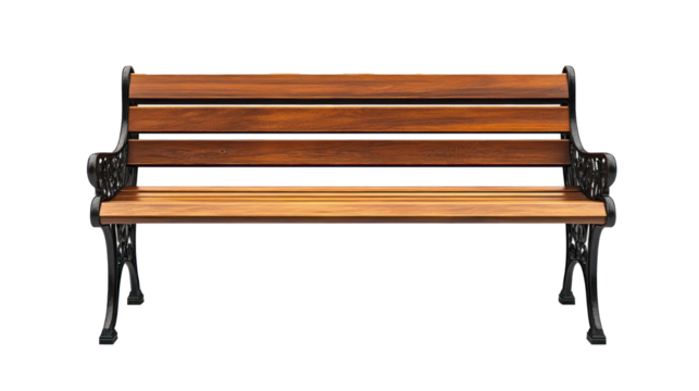 wooden park bench with wrought iron arms isolated on transparent background