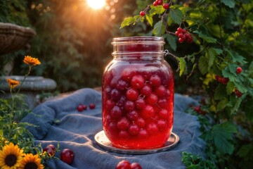 glass jar with homemade red currant berry compote close-up	