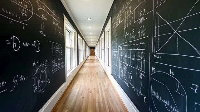 Long Corridor with Blackboard Walls Covered in Mathematical Formulas and Bright Natural Light from Windows


