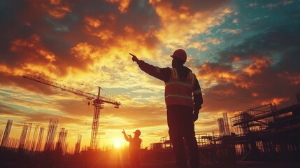 Silhouetted construction workers against a vibrant sunset, highlighting teamwork in industry.