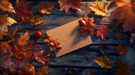 Obraz premium Happy Thanksgiving note with fall leaves with a greeting card on weathered rustic wood 