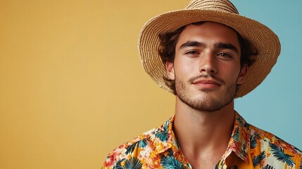 Chill Vibes: A stylish young man exudes summer vibes with his colorful floral shirt and straw hat against an eye-catching gradient background.