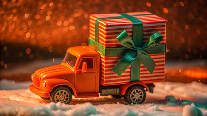 A red toy truck carrying a striped gift box with a green bow moves through snow against a green background, evoking festive holiday cheer and a sense of playful joy