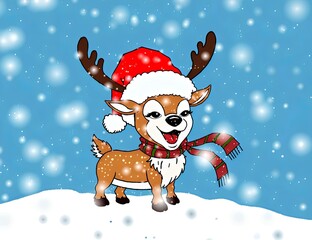 Christmas scene: Cute reindeer wearing Santa hat
