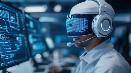Futuristic male programmer using advanced technologies in a modern office environment with virtual reality headset