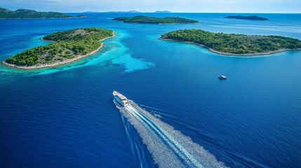 Fototapeta premium top-down view of a yacht moving through deep blue waters, leaving a white trail behind