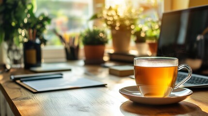 Fototapeta premium set in a tidy, inviting home office with a cup of tea and motivational quotes