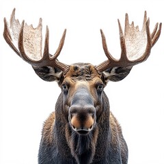 Naklejka premium A serene and majestic stag with large antlers, isolated on a white background.